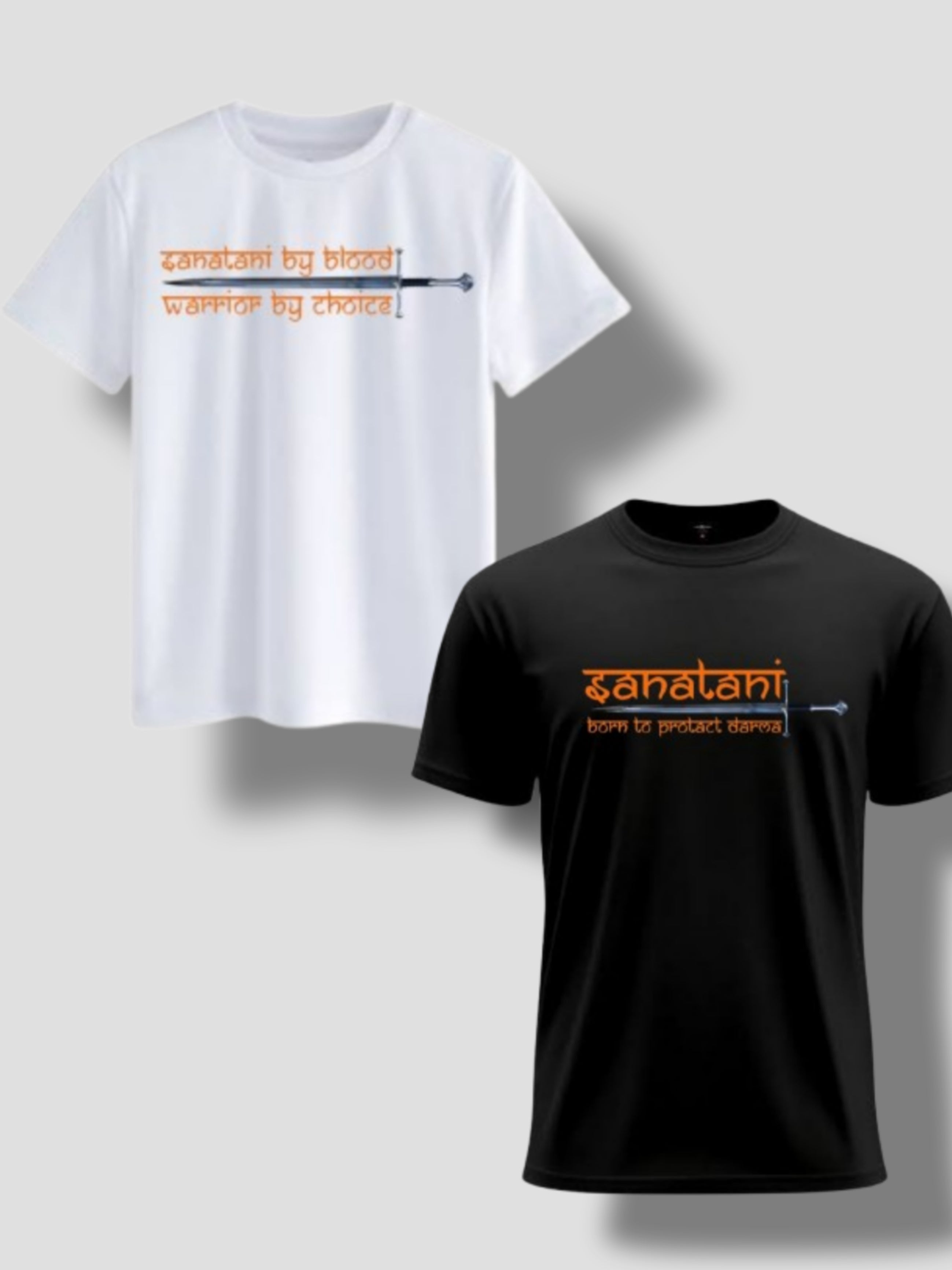Sanatani T-Shirt Combo – Warrior by Choice & Born to Protect Dharma (Black & White)